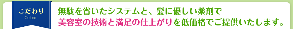 無駄を省いたシステムと、髪に優しい薬剤で美容室の技術と満足の仕上がりを低価格でご提供いたします。